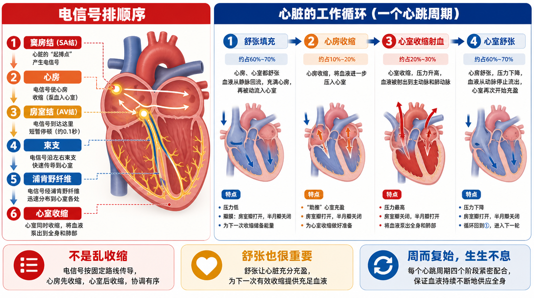 心脏电传导与心动周期图