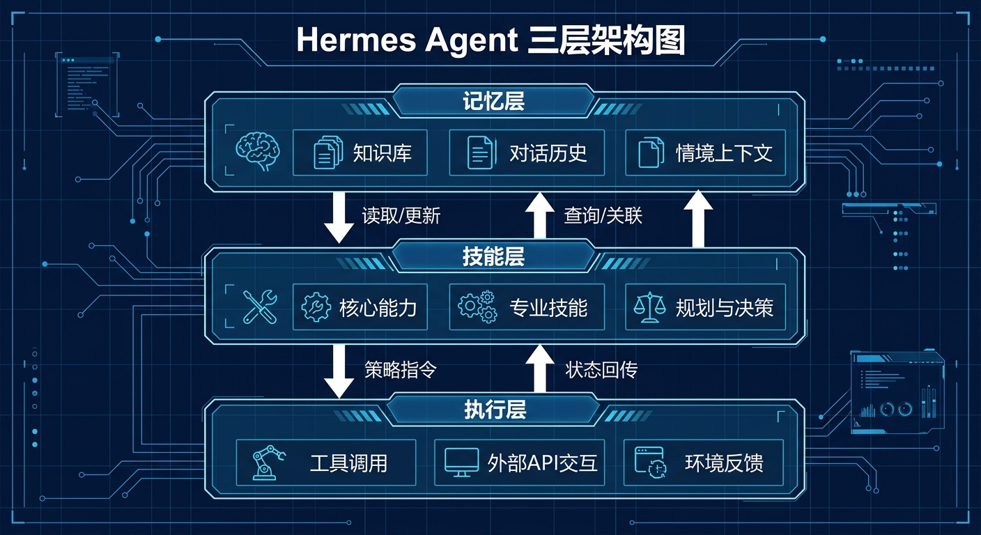 我为什么觉得 Hermes Agent 这张架构图很有价值：它把“会干活的 Agent”拆成了可理解、可复用的系统层