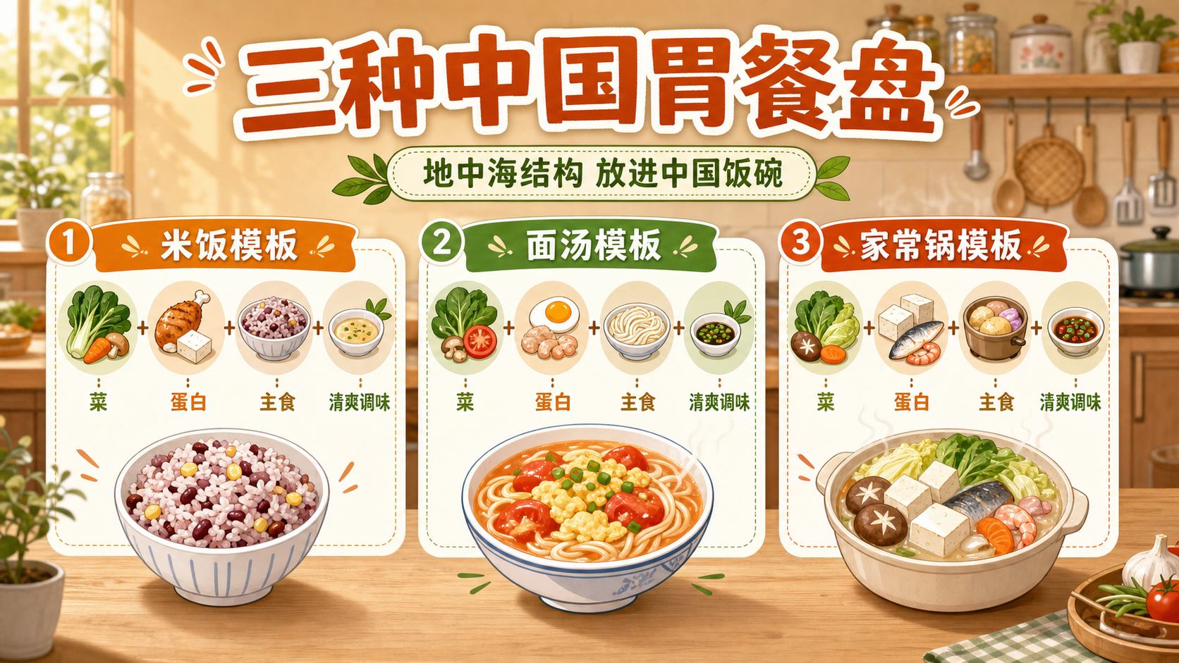 中国胃三种地中海式饮食搭配模板