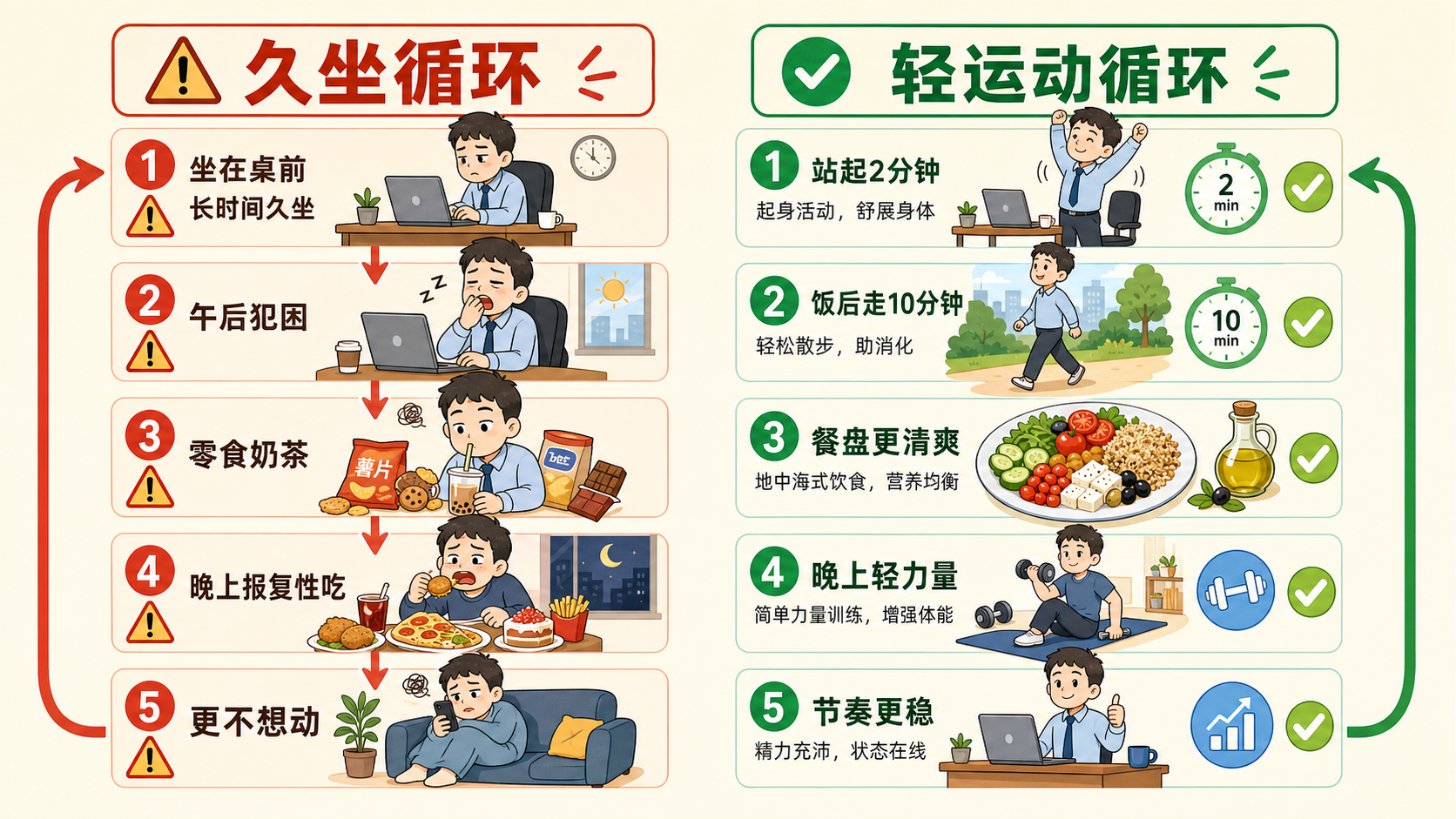 久坐循环与轻运动循环对照图
