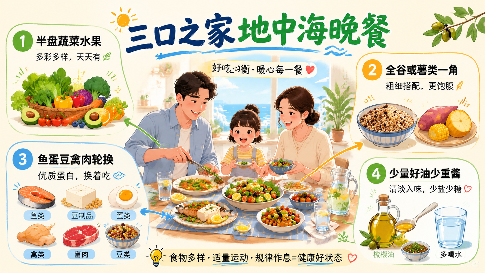 三口之家地中海晚餐总览图