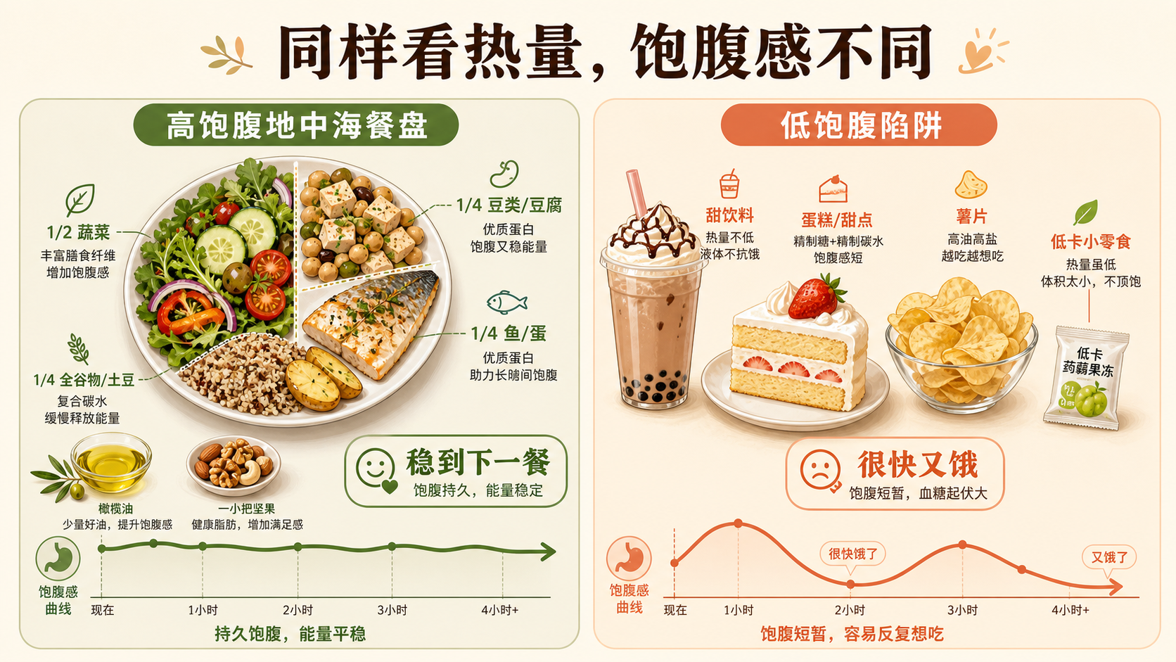 高饱腹地中海式饮食搭配与低饱腹热量陷阱对照图