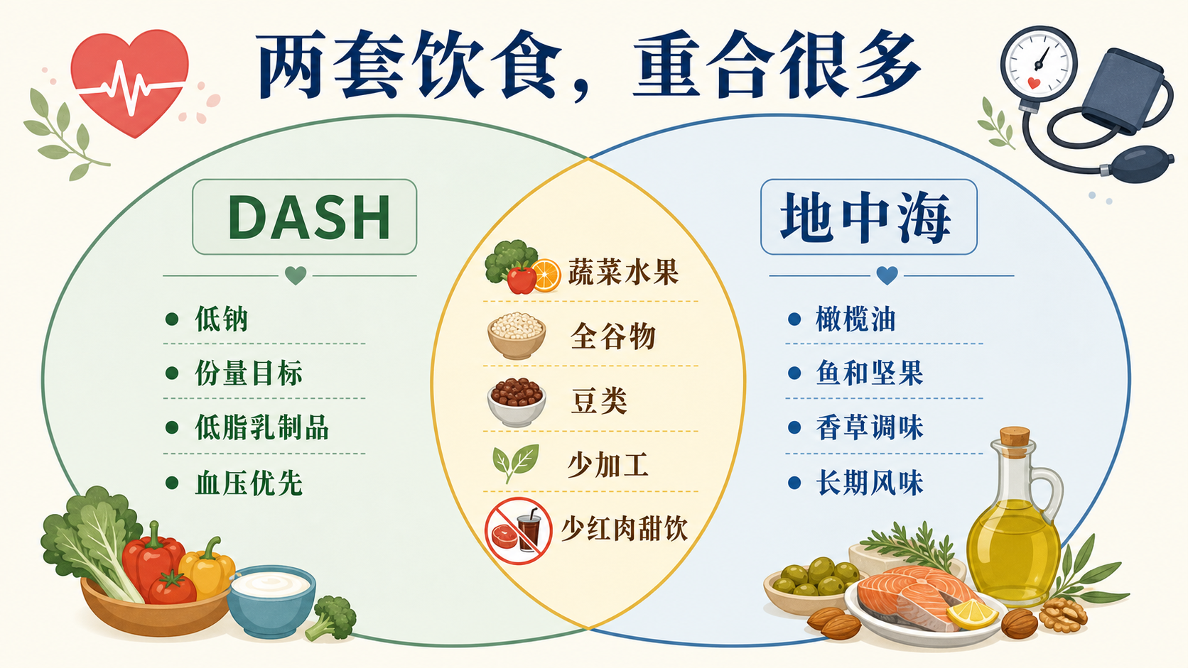 DASH和地中海饮食重合与区别知识图