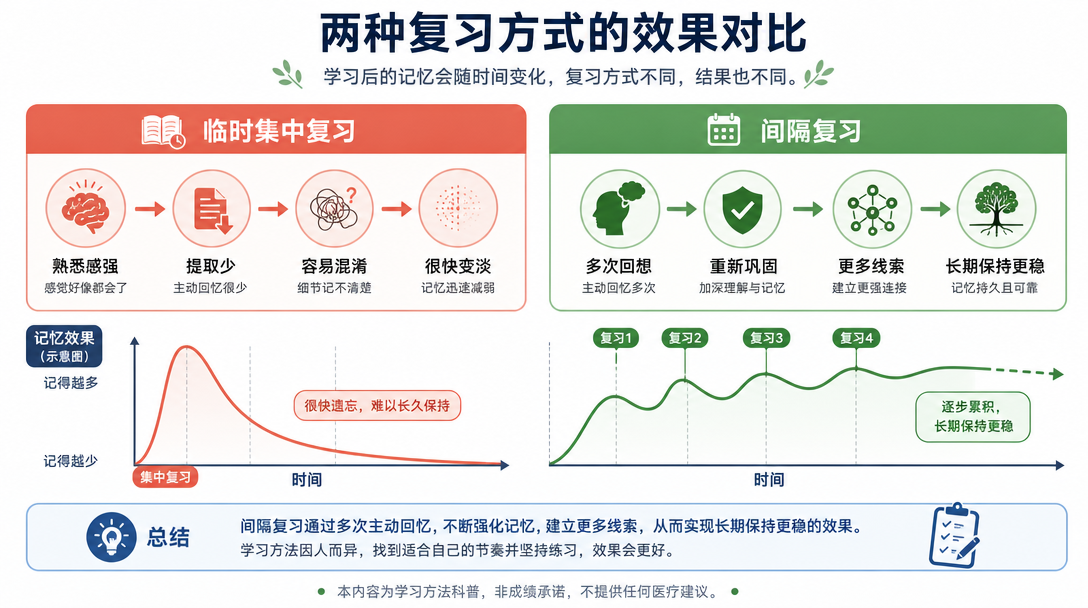 遗忘与复习方式对比图