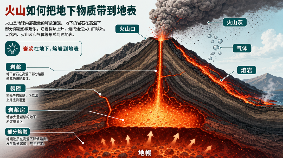 火山结构与岩浆上升图